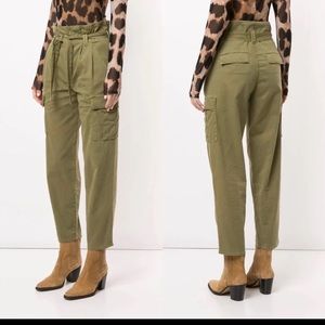 New MOTHER the Greaser pants cargo paperbag waist tie ankle pleat olive drab 27